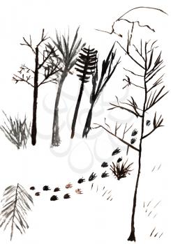 childs drawing - footprints in snow in winter forest