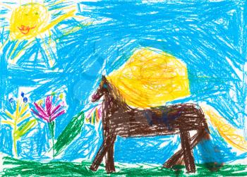 childs drawing - horse with yellow mane grazes in meadow