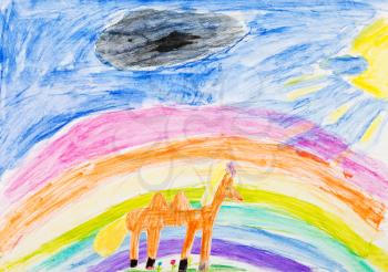 childs drawing - horse under rainbow in blue sky