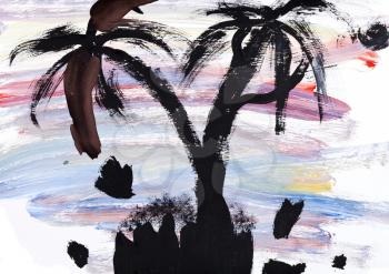 childs painting - explosion in sea and black palm tree