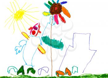 childs drawing - happy people near flower and house and sun
