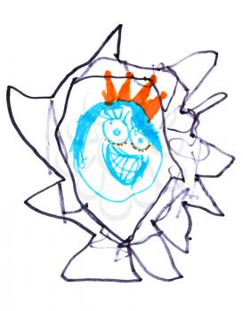 childs drawing - smiling princess with crown in fairy mirror