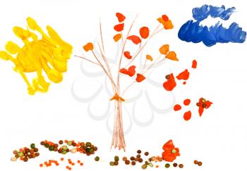 childs drawing - autumn tree with falling orange leaves