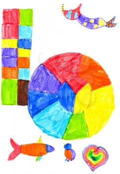 childs drawing - color wheel and colour fish, bird, heart