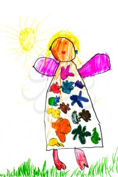 childs drawing - happy girl with flower dress under yellow sun