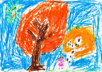 childs drawing - orange autumn trees and blue sky