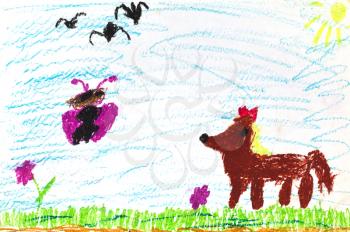 childs drawing - fox, butterfly and flying birds in sunny day