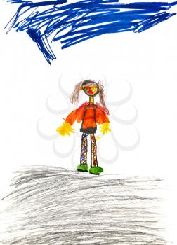 childs drawing - walking girl under blue sky