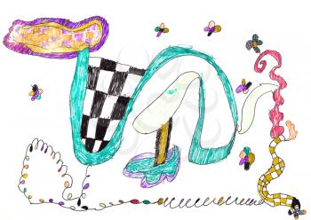 childs drawing - abstract serpentine and flowers pattern