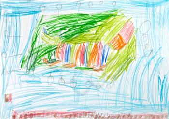childs drawing - striped cat on a green lawn