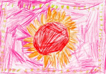 childs drawing - red sun on pink sky