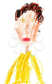 childs drawing - portrait of woman with curly hair in yellow shirt
