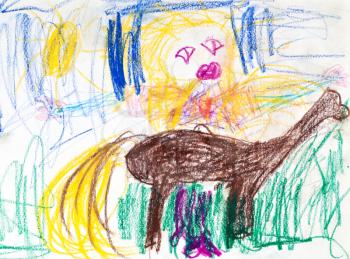 childs drawing - girl with bay horse