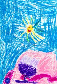 childs drawing - pink mountain with waterfall under blue sky and yellow sun