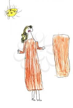 childs drawing - woman in long brown dress and mirror