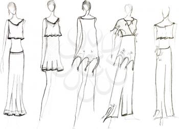 sketch of fashion model - women knitwear collection of short dresses