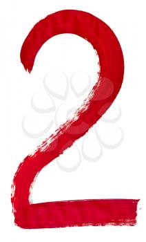Arabic numeral 2 hand written by red brush on white background