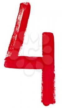 Arabic numeral 4 hand written by red brush on white background