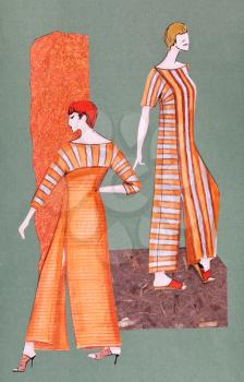 model of woman clothing - long orange striped dress with slits