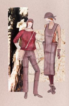 model of woman clothing - clothes for autumn - long dress with pockets, headscarf, warm pants