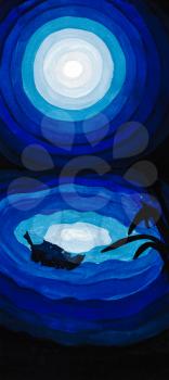 stylized drawing - moon reflection in blue sea water at night