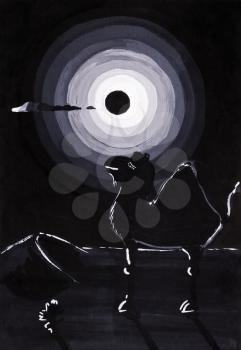 stylized drawing - full moon over camels in black night desert