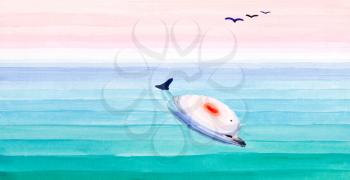 color gradients on stylized sea waterscape with seagull and dolphin