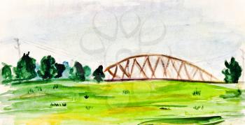 childs painting - summer lansdscape with railroad bridge