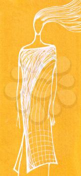 young woman in summer day draun by white on yellow textured paper