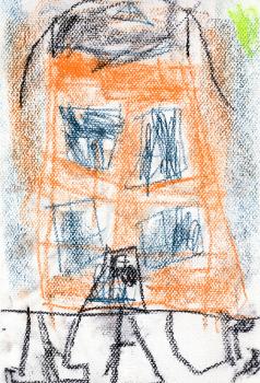 childs drawing - destroyed urban house at night