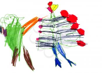 childs drawing - people and decorated Christmas tree