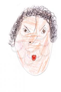 childs drawing - portrait of angry woman with black curly hair