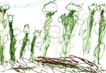 childs drawing - big group of green people