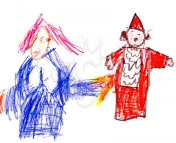 childs drawing - two clowns in circus
