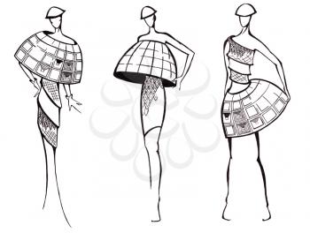sketch of fashion model - design of dresses based on architecture dome