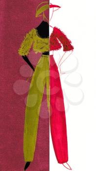 sketch of fashion model - ladies full suit from pants, knitted sweater and hat