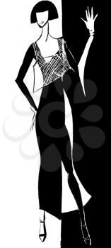 sketch of fashion model - black evening dress with a large slit