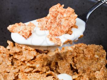 tablespoon with yogurt and corn flakes close up
