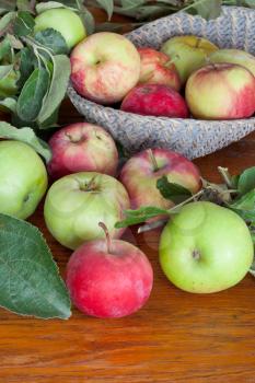 red and green apples with leaves on wooden table close up