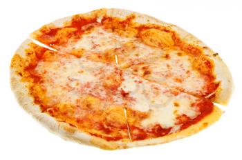 cut thin italian pizza Margherita isolated on white background