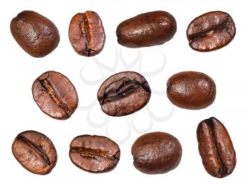 set of roasted coffee beans isolated on white background