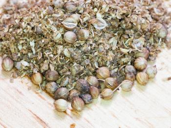 freshly milled coriander and dried coriander seeds on wooden board