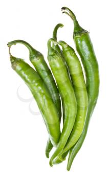 several pods of fresh green hot peppers isolated on white background