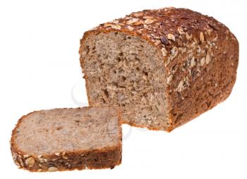 loaf of grain bread and sliced piece isolated on white background