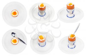 set of soft boiled egg in egg cup on white plate isolated on white