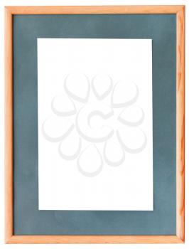 narrow wooden picture frame with green mat with cutout canvas isolated on white background