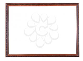 retro narrow brown wooden picture frame with cutout canvas isolated on white background