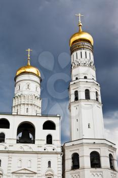 Ivan the Great Bell Tower and Assumption belfry in Moscow Kremlin in rainy day