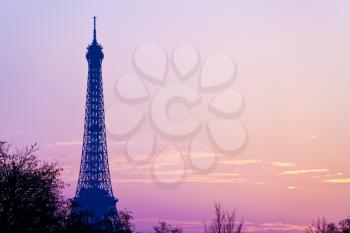 silhouette of eiffel tower in Paris on pink sunset