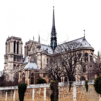 view of cathedral Notre Dame de Paris in overcast day